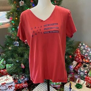 Life Is Good Red V-Neck T-Shirt with Star Graphic